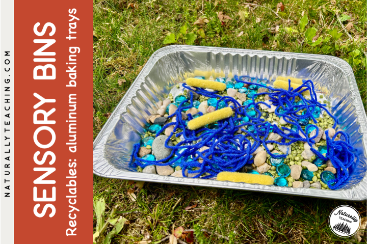 Aluminum baking trays can be used to hold your sensory bin materials.