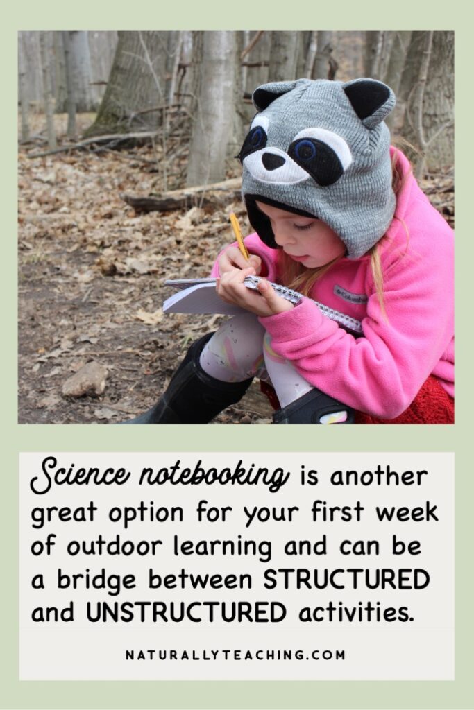 Science notebooking, like this little girl is doing, can be a good option for teaching classroom routines and procedures your first week outside learning.